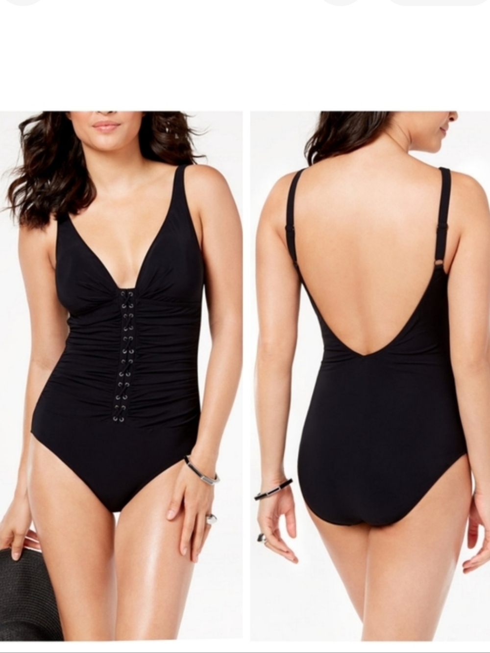 Profile By Gottex Black V-Back Lace-Up One-Piece Swimsuit 8D